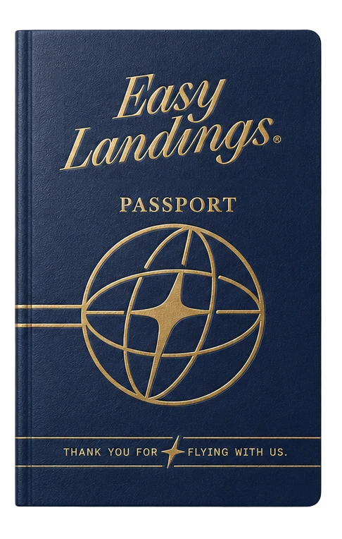 A navy Easy Landings passport with a boarding pass tucked inside