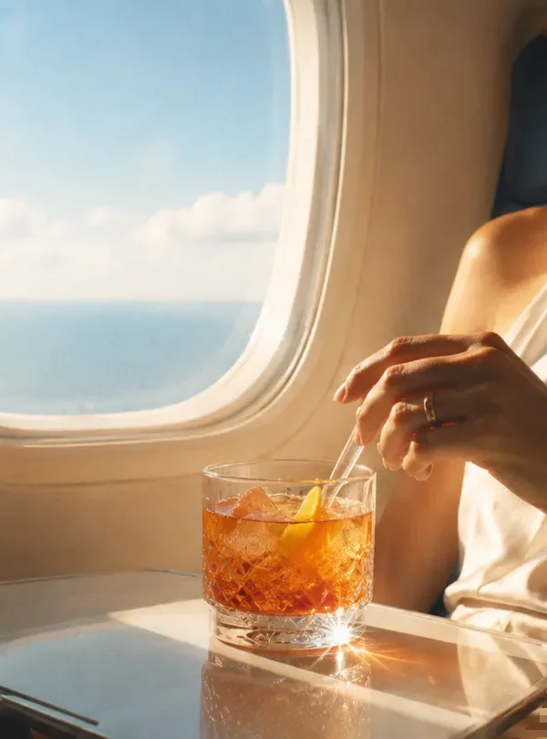 A hand holding an Easy Landings cocktail by an airplane window
