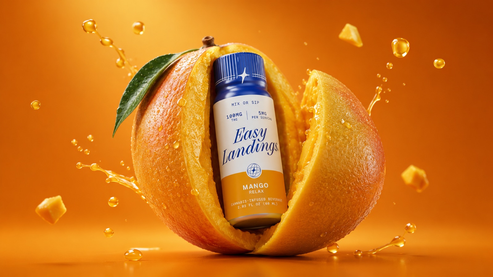 Easy Landings Mango bottle nestled in a fresh mango