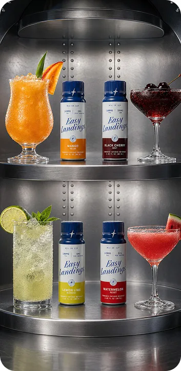 The four Easy Landings flavours — Mango, Black Cherry, Lemon Lime and Watermelon — each beside its cocktail on a two-tier metal shelf